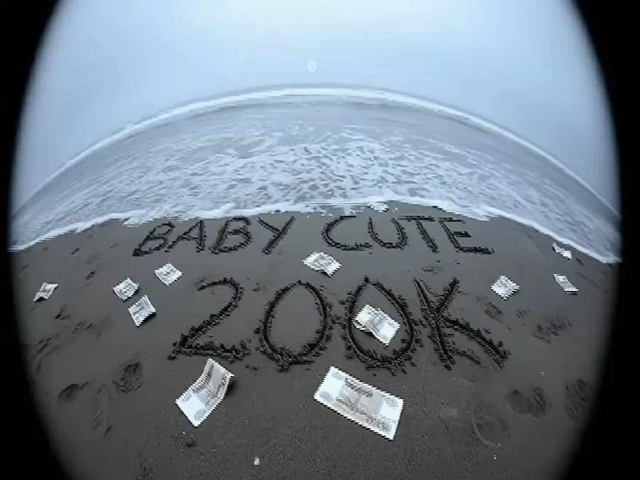 200k — надпись Baby Cute 200k на песке, вид через фишай